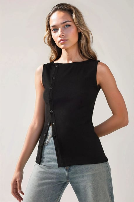 Texturerad Slim Fit Crew Neck Topp med Knappdetalj - Image 5
