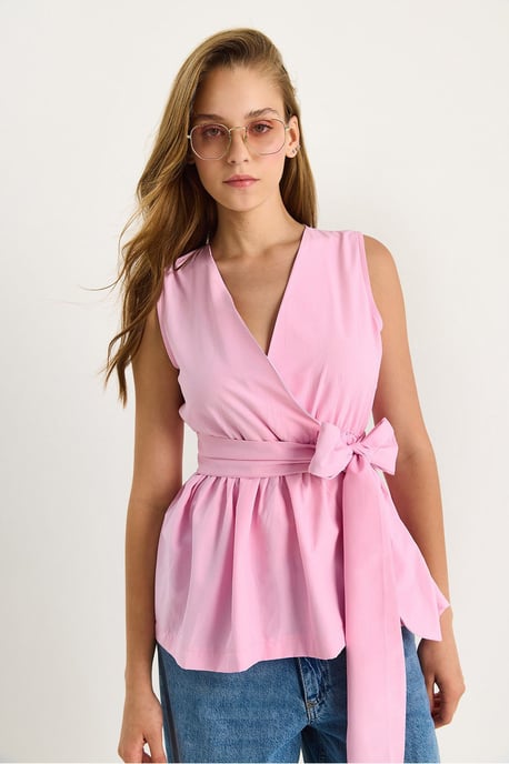 Lange Mouwloze V-hals Blouse met Striksluiting - Image 3