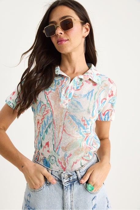 Flowery Polo Shirt Blouse - Image 2