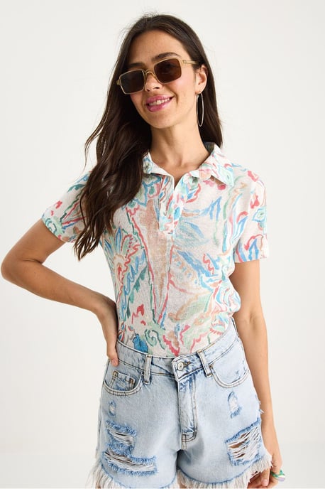 Flowery Polo Shirt Blouse - Image 3