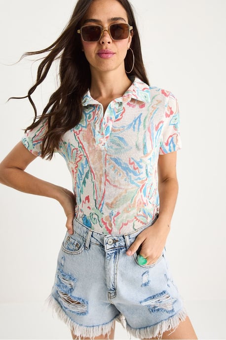 Flowery Polo Shirt Blouse - Image 4