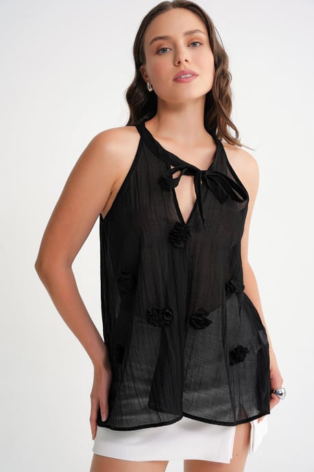 V-Neck Tie Closure Ruffle Blouse - Image 4