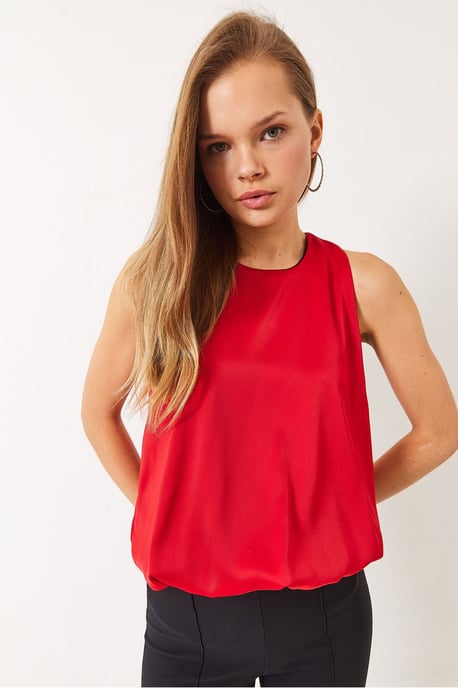 Crepe Löst Passande Ärmlös Blus med Elastisk Detalj - Image 3