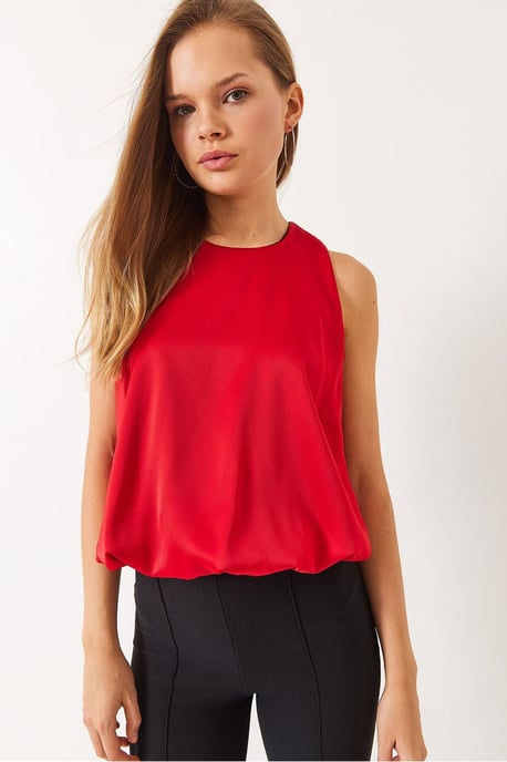 Crepe Löst Passande Ärmlös Blus med Elastisk Detalj - Image 4