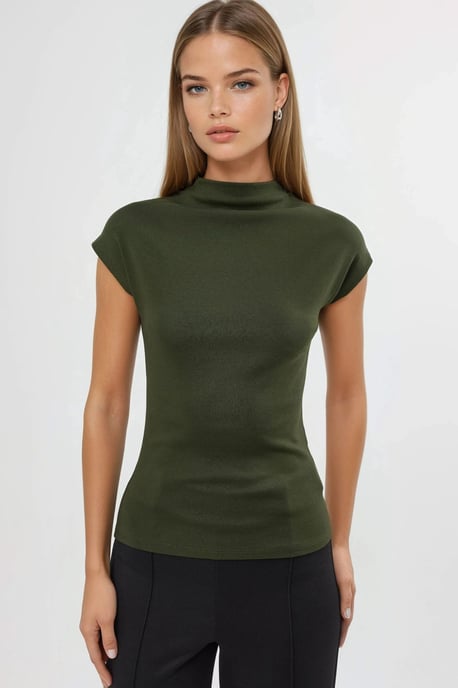 Fitted Mock Neck Cap Sleeve Knitted Blouse - Image 6