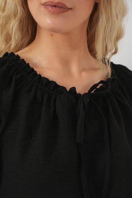 Gestructureerde Bootkraag Cropped Blouse met Pompom Detail - Image 5