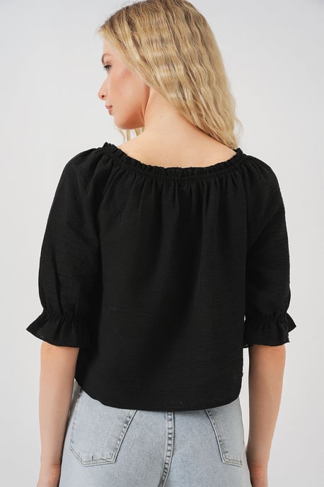 Gestructureerde Bootkraag Cropped Blouse met Pompom Detail - Image 6
