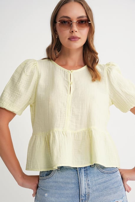 Textuur Muslin Crew Neck Blouse met Knopen Sluiting - Image 3