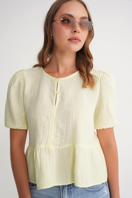 Textuur Muslin Crew Neck Blouse met Knopen Sluiting - Image 4