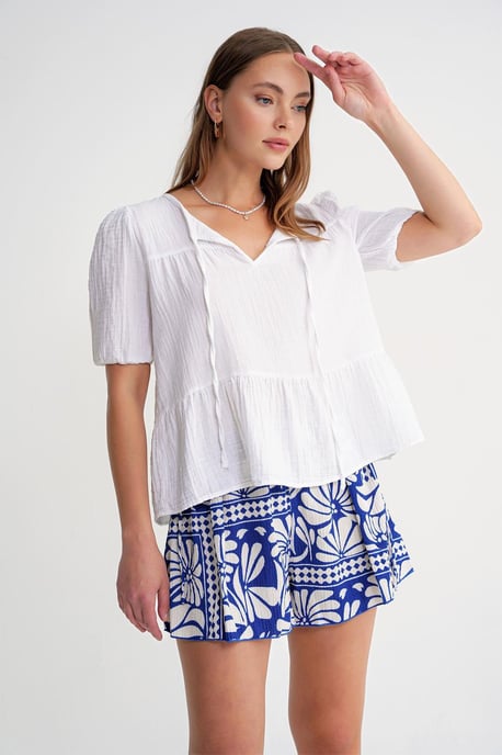 Getextureerde Musselin Crew Neck Blouse met Binding Detail - Image 3