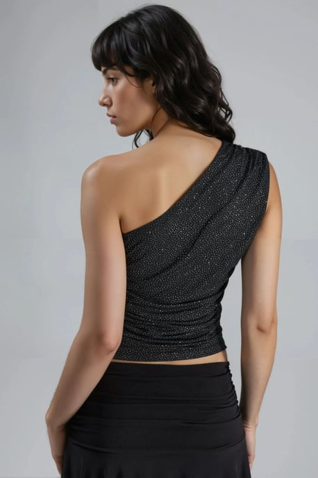 Slim Fit Glansig Ärmarns Blus med Asymmetrisk Krage - Image 3