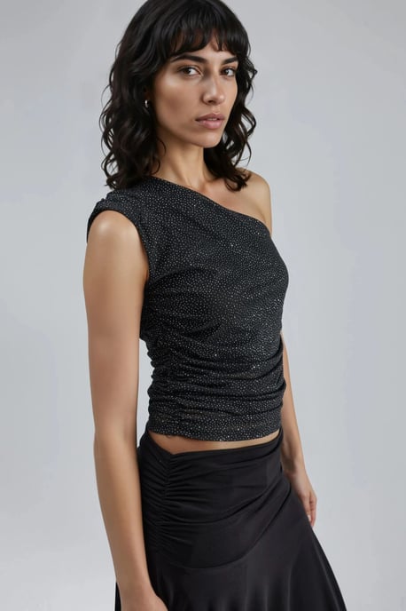 Slim Fit Glansig Ärmarns Blus med Asymmetrisk Krage - Image 4