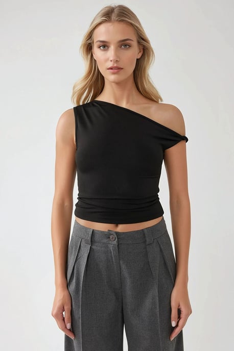 Asymmetrical Neck Off-Shoulder Slim Fit Top - Image 1