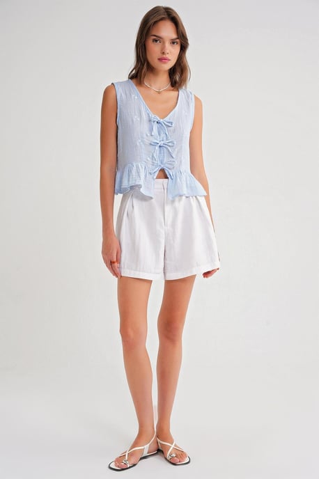 Gestructureerde V-hals Crop Blouse met Strik - Image 2