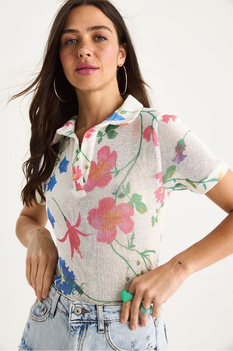 Flowery Polo Shirt Blouse - Image 4