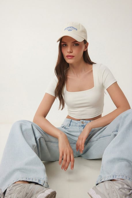Slim Fit Vierkante Kraag Gebreide Crop Blouse - Image 1