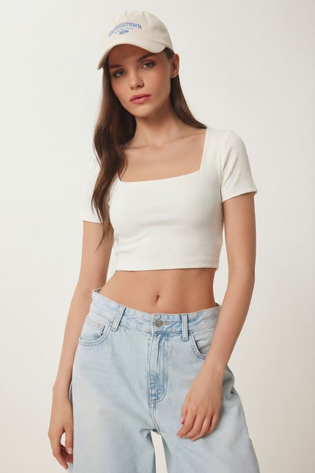 Slim Fit Vierkante Kraag Gebreide Crop Blouse - Image 2