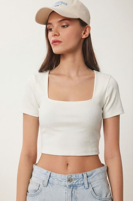 Slim Fit Vierkante Kraag Gebreide Crop Blouse - Image 3