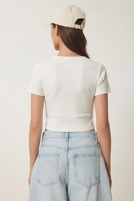 Slim Fit Vierkante Kraag Gebreide Crop Blouse - Image 5
