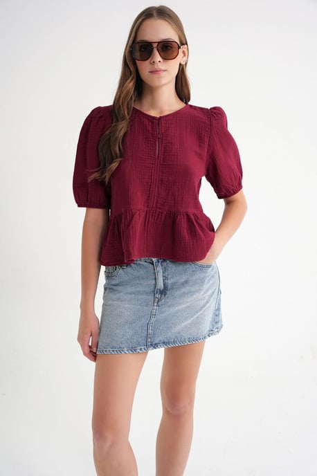 Gestructureerde Mousseline Blouse met Ronde Hals en Knoopsluiting - Image 1