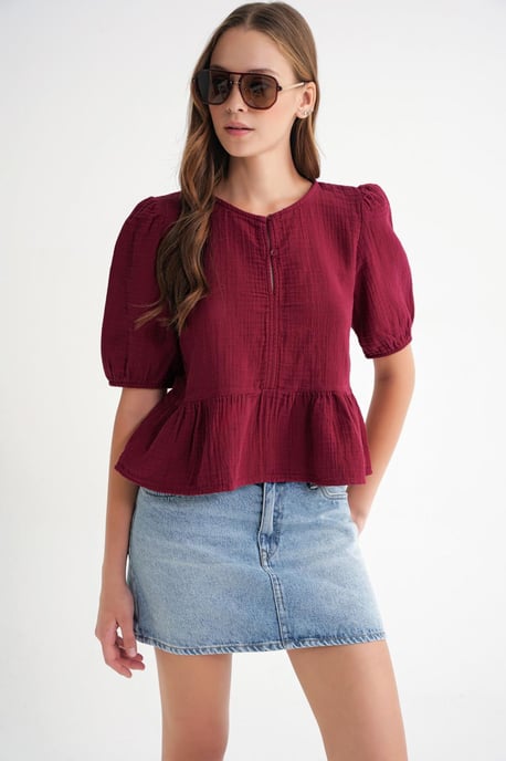 Gestructureerde Mousseline Blouse met Ronde Hals en Knoopsluiting - Image 2