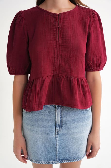 Gestructureerde Mousseline Blouse met Ronde Hals en Knoopsluiting - Image 3