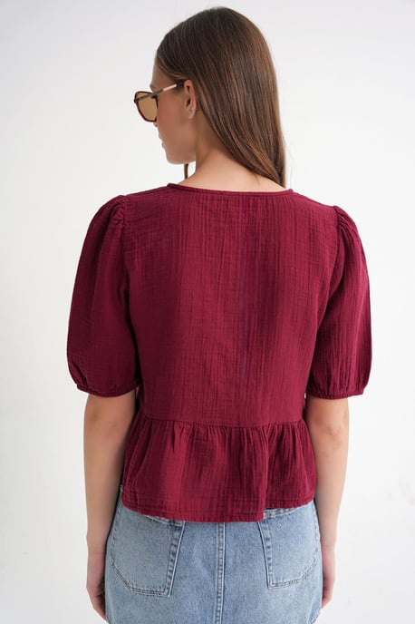 Gestructureerde Mousseline Blouse met Ronde Hals en Knoopsluiting - Image 5