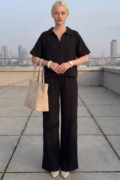 V-Neck Short Sleeve Blouse & Wide Leg Pants Two-Piece Set - Image 2
