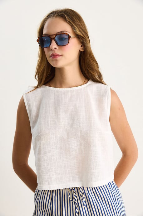 Linnenmix Korte Mouwen Crew Neck Blouse - Image 3