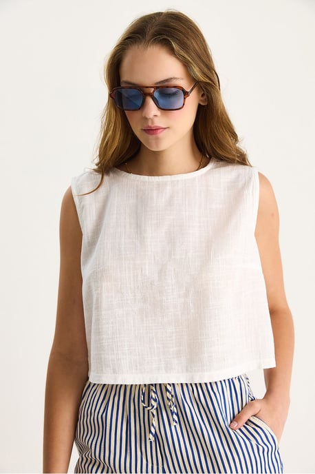 Linnenmix Korte Mouwen Crew Neck Blouse - Image 4