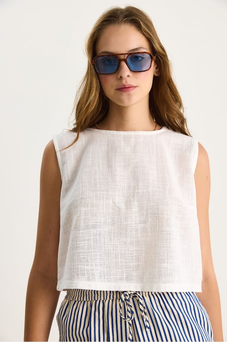 Linnenmix Korte Mouwen Crew Neck Blouse - Image 5