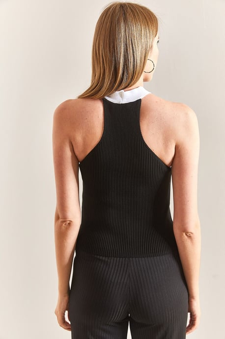 Asymmetrisk krage färgblockerad kort blus - Image 2