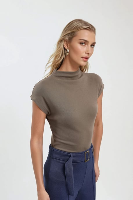 Fitted Mock Neck Cap Sleeve Knitted Blouse - Image 2