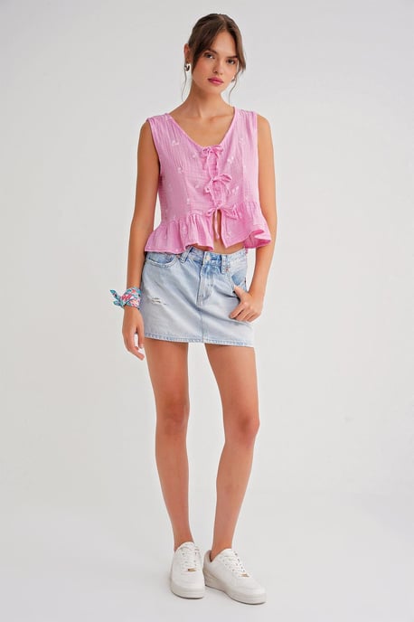 Gestructureerde V-hals Crop Blouse met Strik - Image 2
