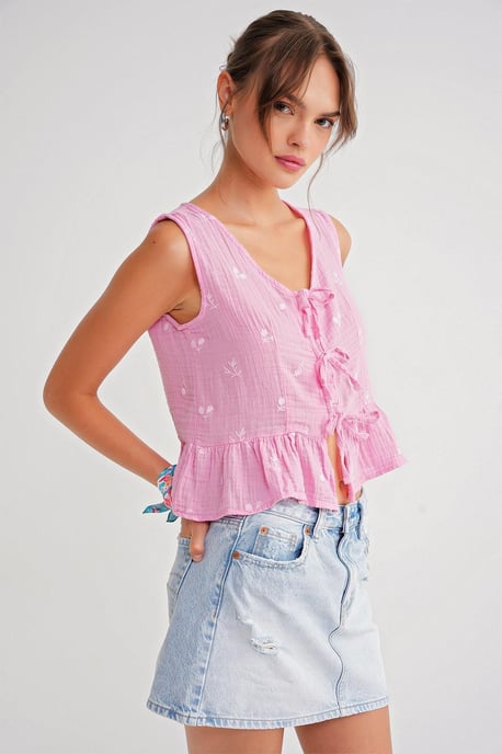 Gestructureerde V-hals Crop Blouse met Strik - Image 4