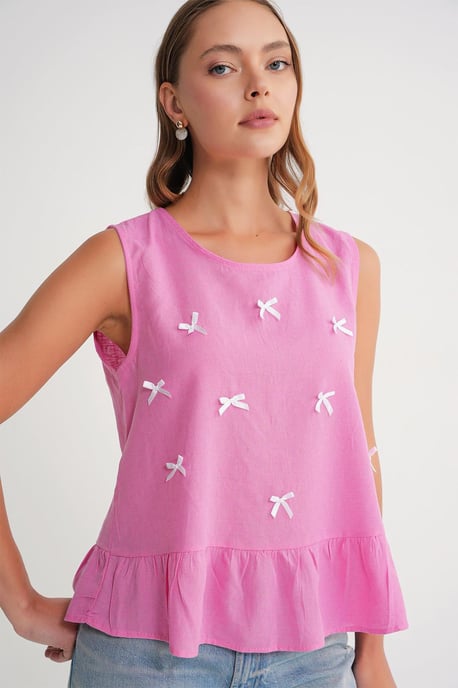 Crew Neck Blouse with Bow Detail - Image 1