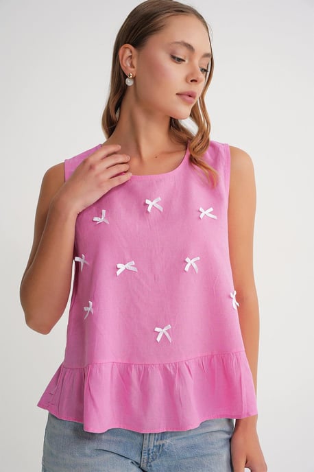 Crew Neck Blouse with Bow Detail - Image 3
