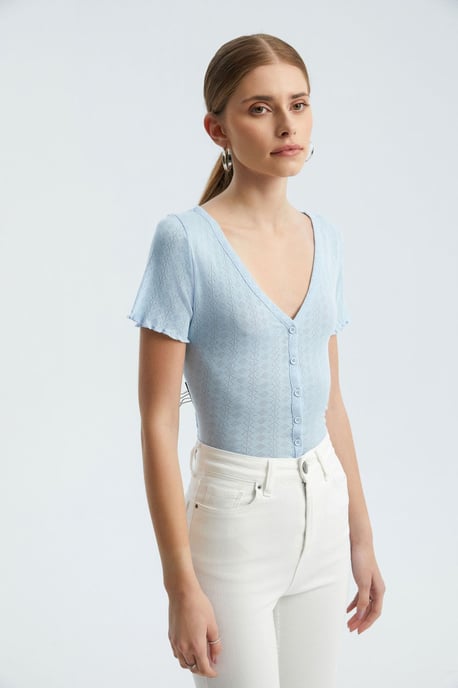 Textured V Neck Short Sleeve Top - Image 1