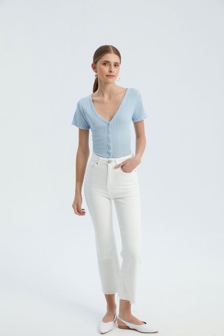 Textured V Neck Short Sleeve Top - Image 2