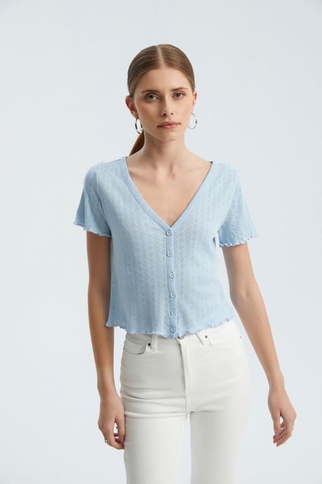 Textured V Neck Short Sleeve Top - Image 3