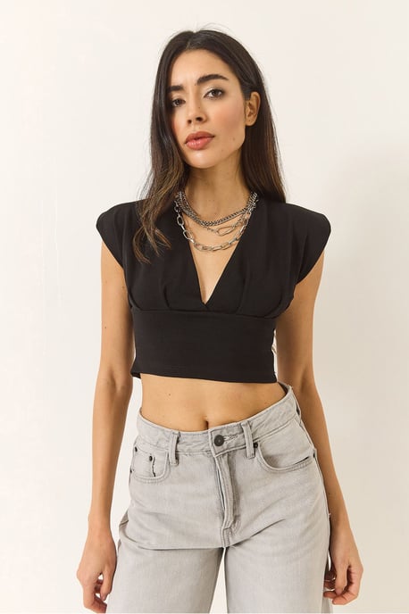 Slim Fit V-ringad Stickad Croppblus - Image 2