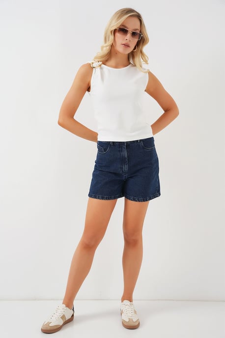 Geribbelde Mouwloze Blouse met Accessoire Detail - Image 2