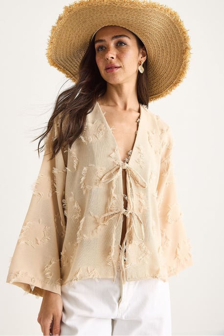 Geborduurde V-hals Textuur Kimono met Rimpels - Image 3