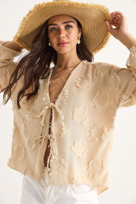 Geborduurde V-hals Textuur Kimono met Rimpels - Image 4