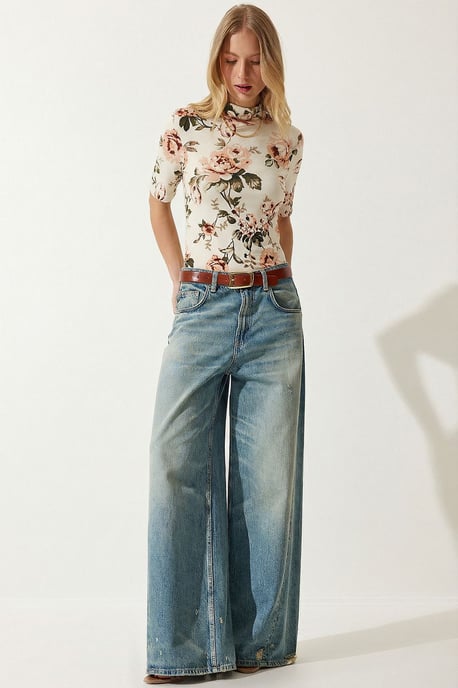 Blus med halvpolo och blommönster - Image 2