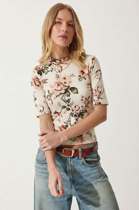 Blus med halvpolo och blommönster - Image 3