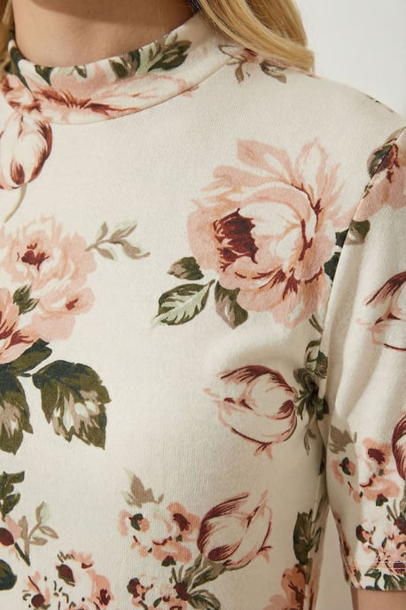 Blus med halvpolo och blommönster - Image 4