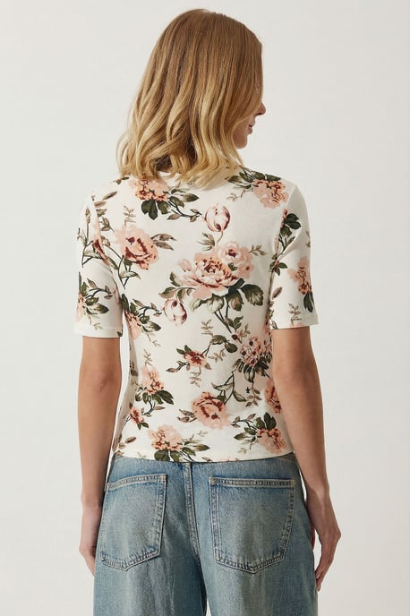Blus med halvpolo och blommönster - Image 5