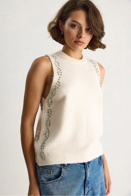 Texturerad stickad t-shirt med rundad hals - Image 3