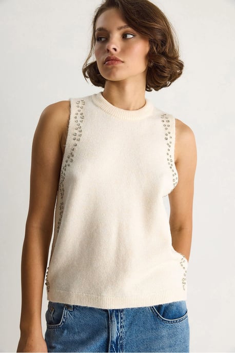 Texturerad stickad t-shirt med rundad hals - Image 4